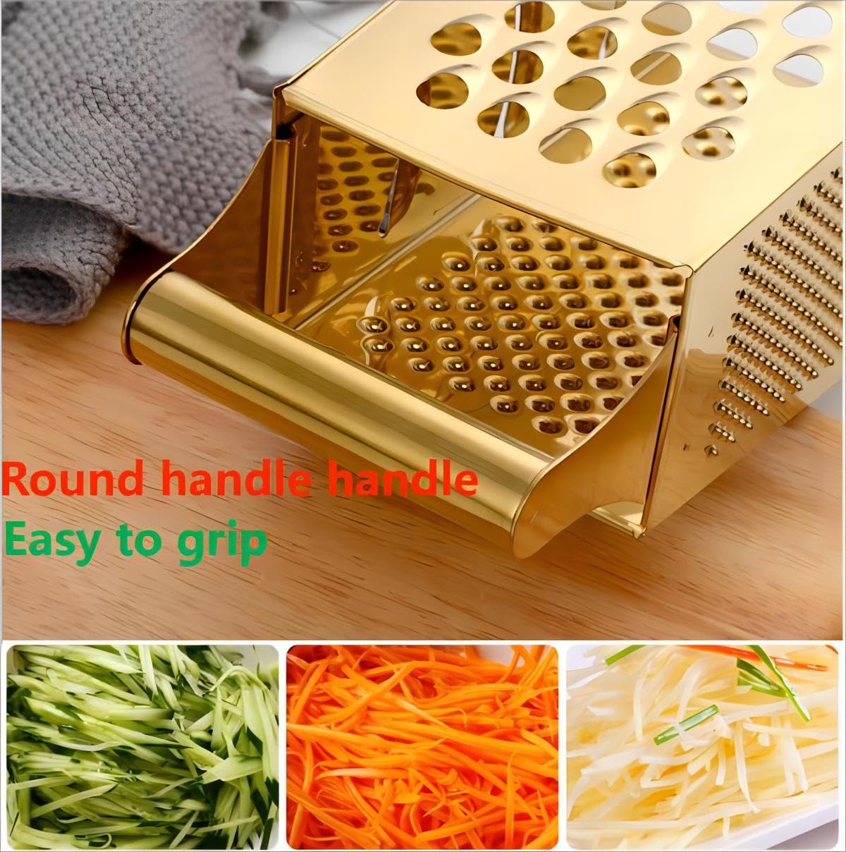 GUIYAL Stainless Steel 4 Sides Grater Slicer with Handle, Multifunctional Cutter Planing for Ginger, Garlic, Cucumbers, Carrots, Cheese, Potato, Ergonomic Design Kitchen Gadgets Accessories（Gold）