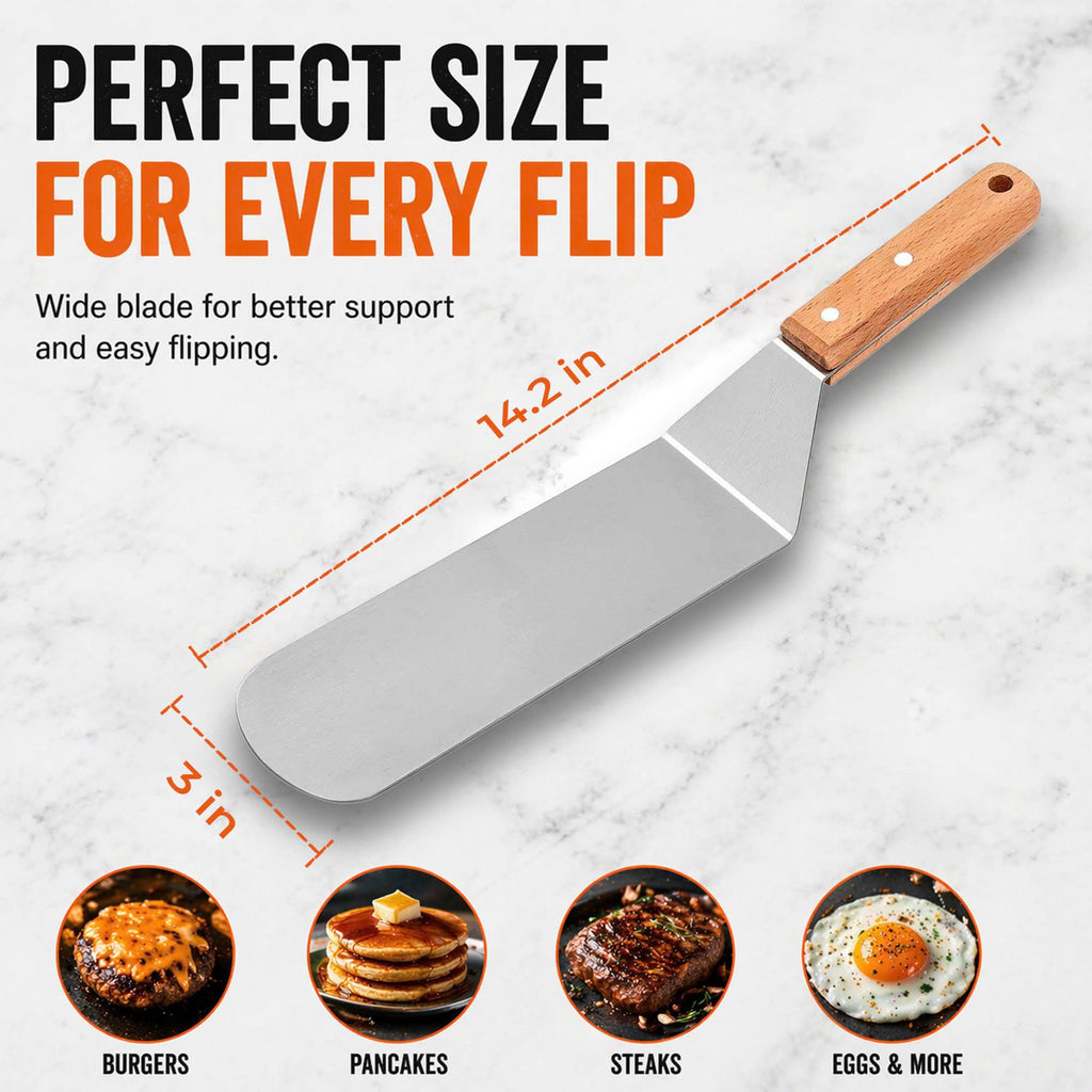 Medium Grill Spatula – Metal Spatula with Wooden Handle & Beveled Edges, Heavy Duty Flat Top Turner for Skillets, Griddles & Grills, Smash Burger Flipper, Stainless Steel Cooking Tool (Style 05)