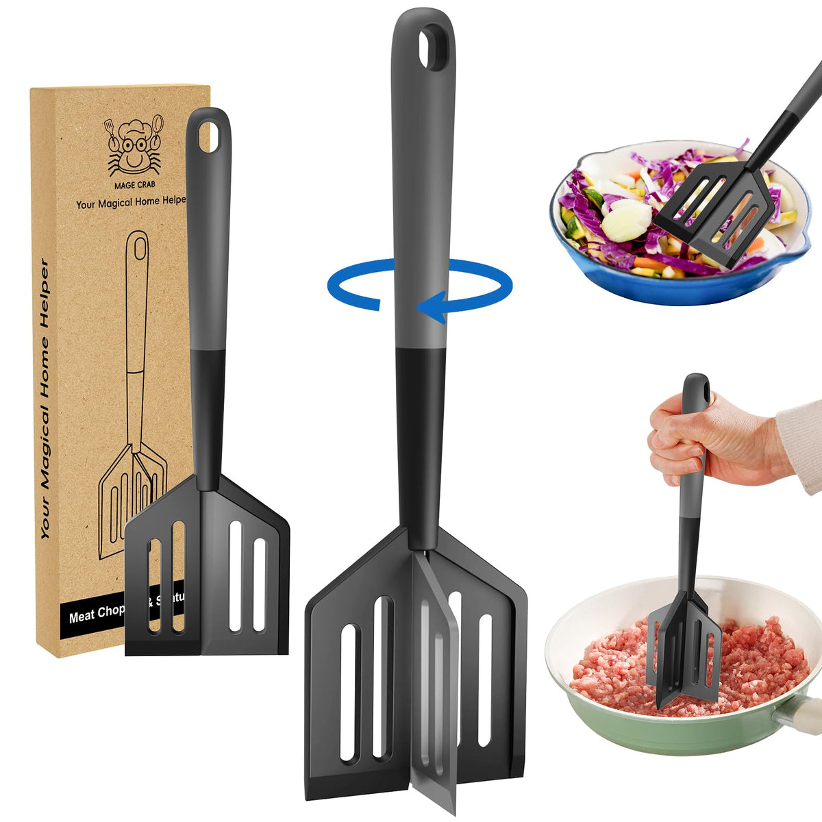 Foldable Meat Chopper & Spatula 2-in-1 Ground Beef Masherwith Twist-to-Change Design, Heat-Resistant Kitchen Utensil, Dishwasher Safe Non-Stick Cooking Tool
