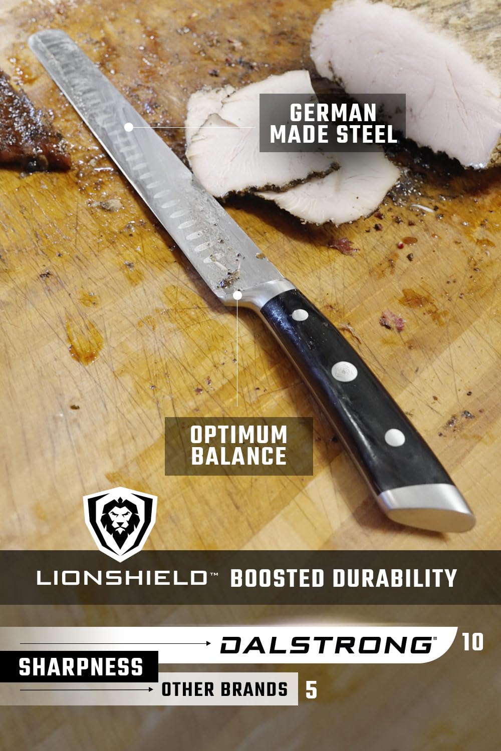 Dalstrong 12" Slicing Knife — Granton Edge, Forged German HC Steel, 56+ HRC — For BBQ Brisket, Holiday Roasts & Turkey Carving — Full-Tang G10, Sheath, Gladiator ELITE, customer support