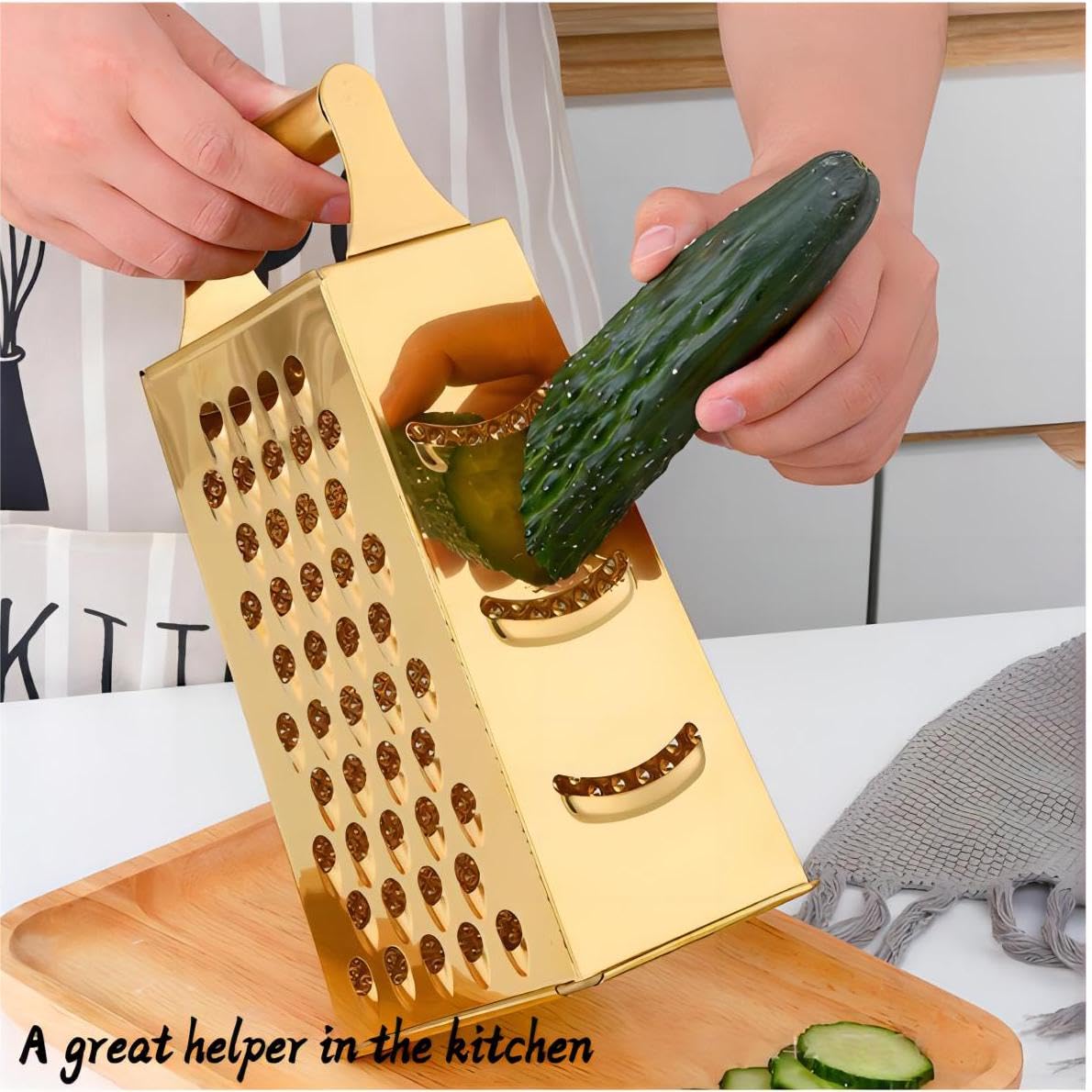 GUIYAL Stainless Steel 4 Sides Grater Slicer with Handle, Multifunctional Cutter Planing for Ginger, Garlic, Cucumbers, Carrots, Cheese, Potato, Ergonomic Design Kitchen Gadgets Accessories（Gold）