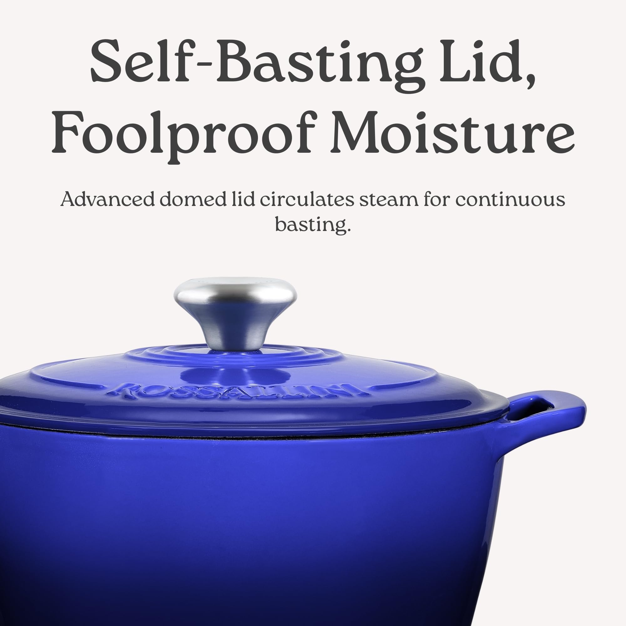 ROSSALLINI Signature Enameled Cast Iron Dutch Oven, Non-Stick Serving Pot with Tight Fitting Lid for Perfect Roasting, Baking, Sauteing, and Bread Making | 2Q (1.9L) - Indigo Blue