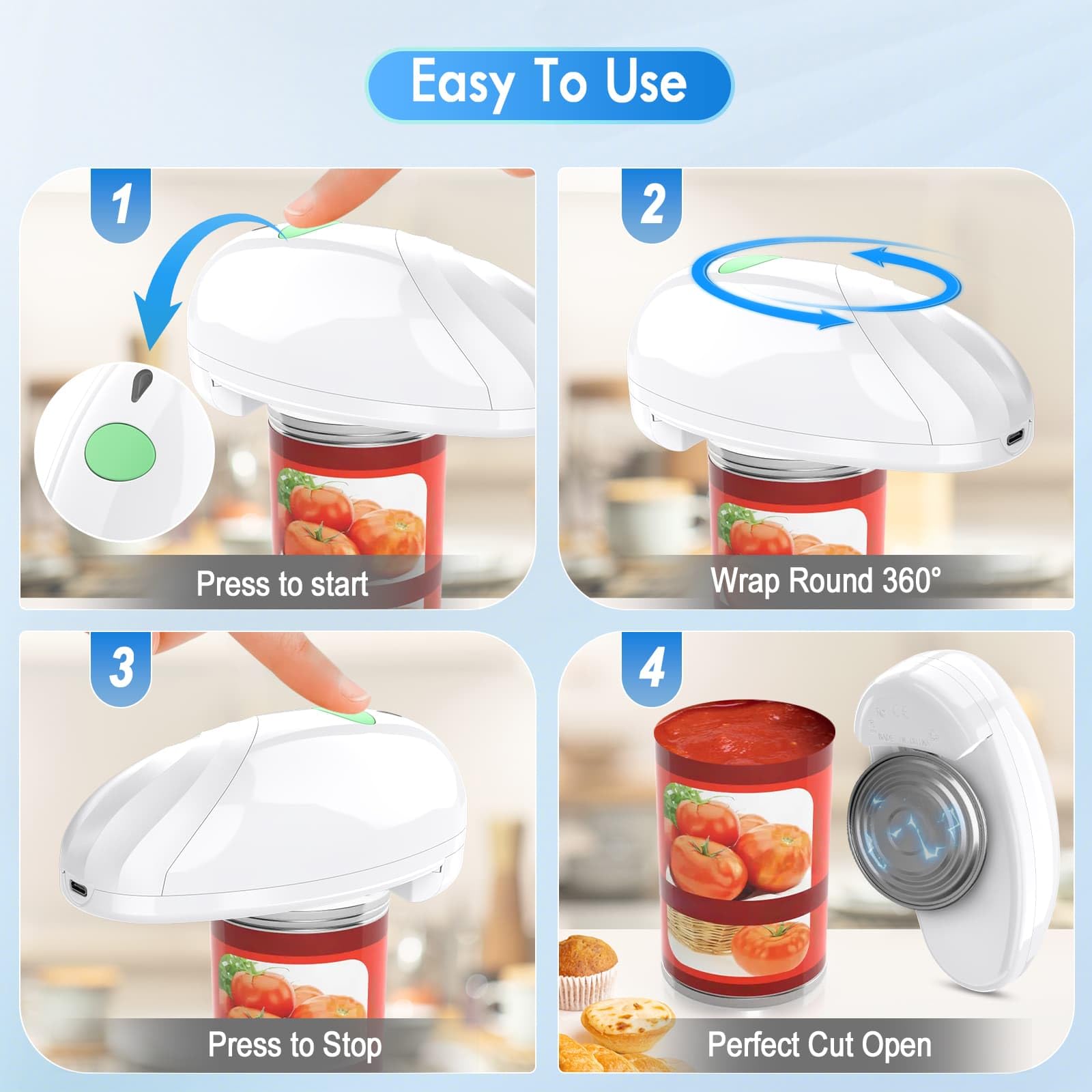 HuiJuKeJi Electric Can Opener, Rechargeable Automatic Can Opener for Seniors with Arthritis, One-Touch Hands-Free Can Opener for Almost Can Sizes, Smooth Edge & Food-Safe Kitchen Gadgets-White