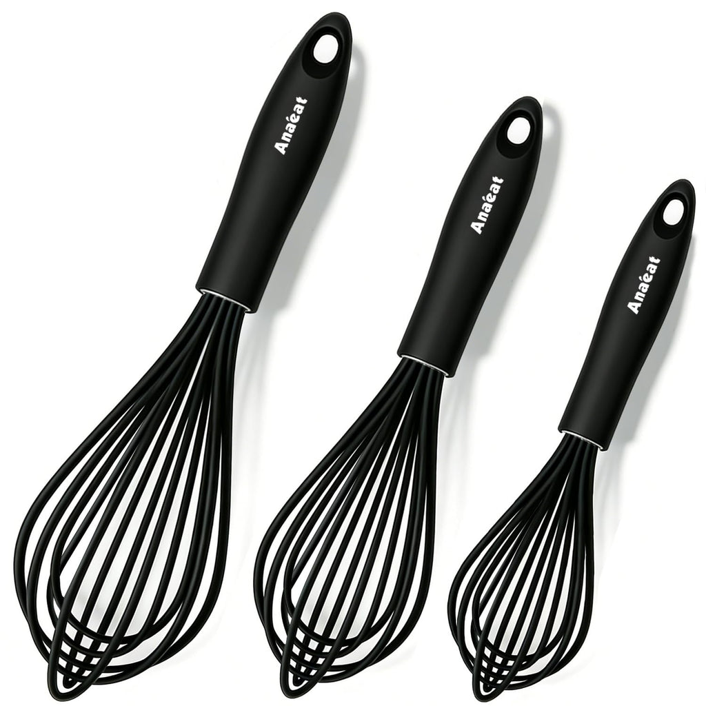 Anaeat Silicone Balloon Whisk, Perfect for Non-Stick Cookware, Milk and Egg Beater Blender, Heat Resistant Kitchen Whisks for Whisking, Cooking, Baking, Beating, Frothing & Stirring (Black)