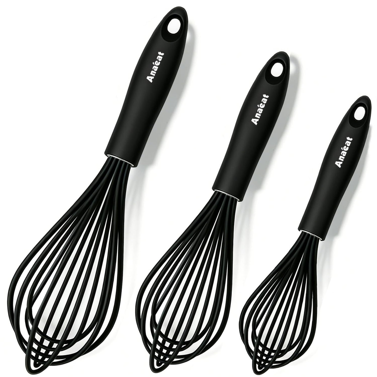 Anaeat Silicone Balloon Whisk, Perfect for Non-Stick Cookware, Milk and Egg Beater Blender, Heat Resistant Kitchen Whisks for Whisking, Cooking, Baking, Beating, Frothing & Stirring (Black)