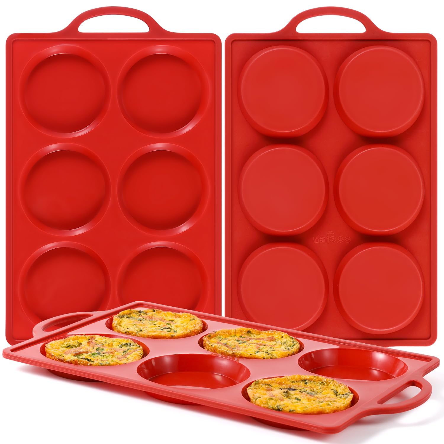 CAKETIME Muffin Top Pan Non Stick, 4 Inch Metal Frame Round Silicone Egg Baking Pan for Oven English Muffins, Whoopie Pies, Corn Bread, Egg Bites, Breakfast Sandwiches Tarts 3 Pack Red