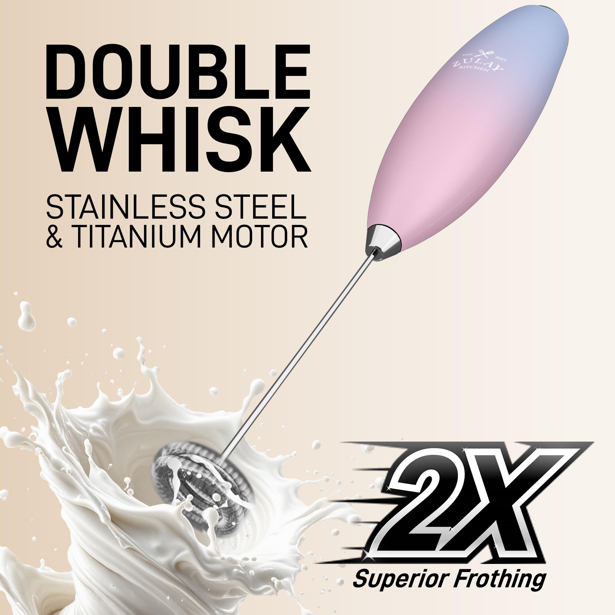 Zulay Kitchen Powerful Milk Frother Wand With Duracell Batteries - Ultra Fast Handheld Drink Mixer - Electric Whisk Foam Maker for Coffee, Lattes, Cappuccino & Matcha - Double Whisk - Lavender