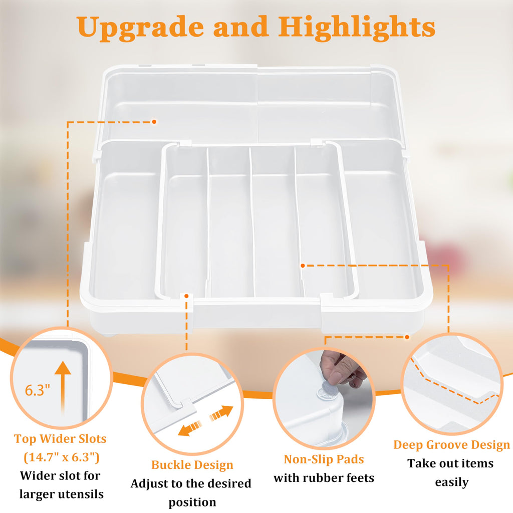 Homecor Silverware Drawer Organizer, Adjustable Kitchen Drawer Organizer, Expands from 4 to 7 Slots, Non-Slip BPA-Free Flatware Cutlery Utensil Holder for Forks Knives Spoons and Kitchen Utensil,White