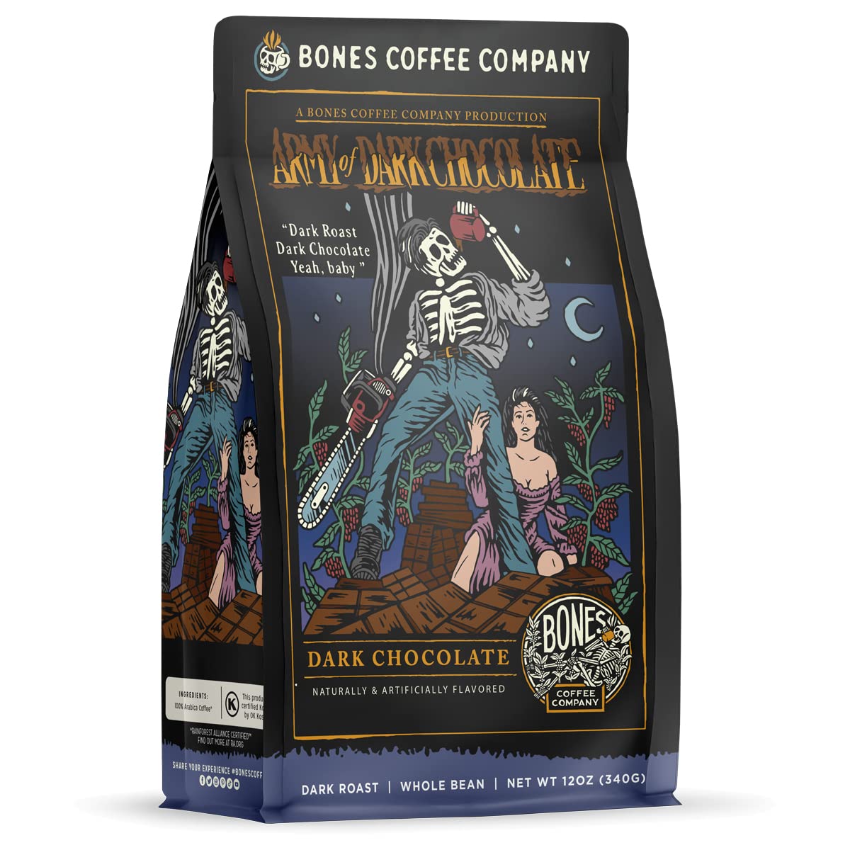 Bones Coffee Company Shark Bite, Buttered Rum Flavored Coffee, Medium Roast Low Acid Arabica Beans Compatible with Auto drip and French Press Coffee Maker, 12 Oz Whole Bean