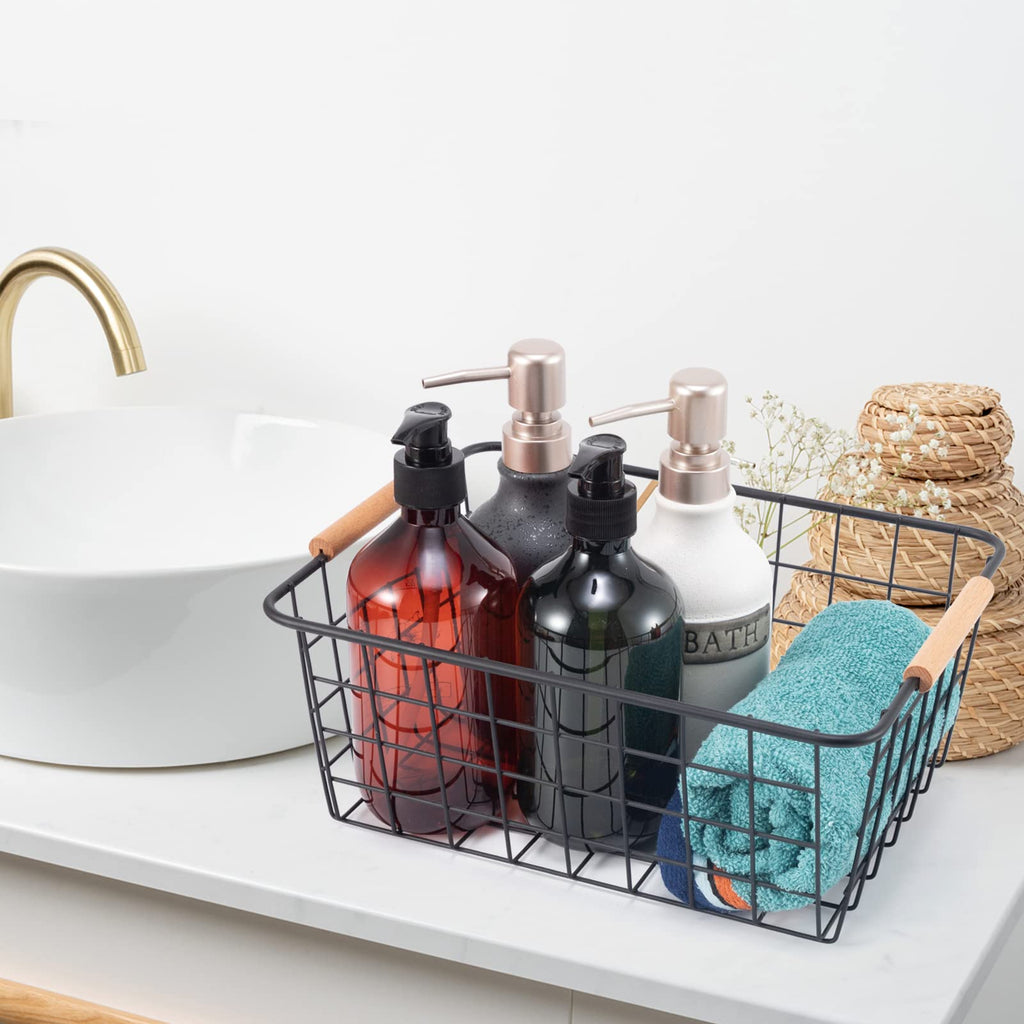 Black 2PCS Wire Storage Baskets with Wooden Handles for Pantry Organizer