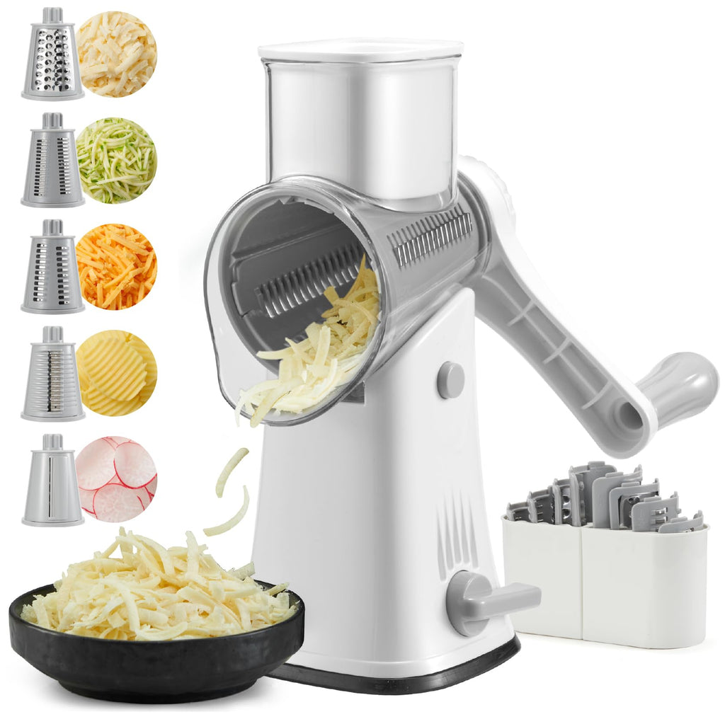 ALEXPHY Rotary Cheese Grater Hand Crank, 5 blades Cheese shredder, Stronger Suction, Easy to Clean for Fruit, Vegetables, Nuts, White