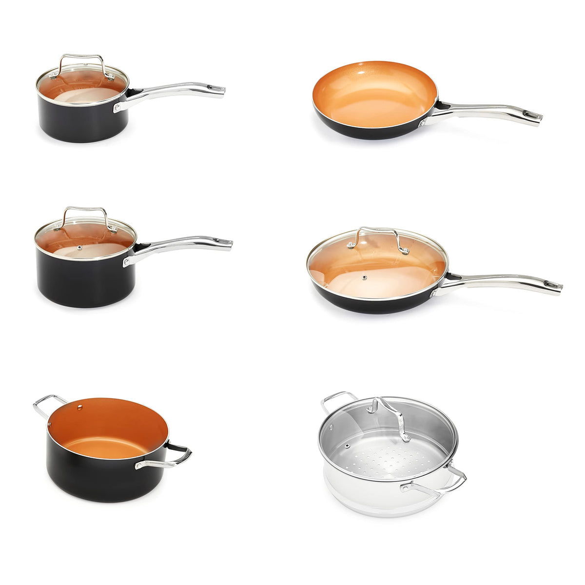 Amazon Basics Ceramic Nonstick Cookware Set, Induction Ready, Dishwasher & Oven Safe, Even Heating, 10-Piece Set with Frying Pans, Saucepans, Glass Lids, Copper Color