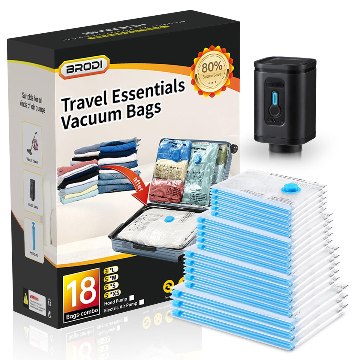 BRODI 18 Combo Pack Travel Vacuum Bags with Pump - Space Saver & Travel Essentials, Clothing & Luggage Vacuum Seal Bags