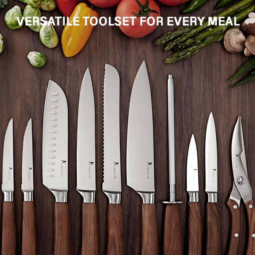 Kangdelun Ultra Sharp 15-Piece Kitchen Knife Set, High Carbon Stainless Steel Blades, Torrefied Brown Wood Handles, Ergonomic Design, Space-Saving Black-Finished Wood Block, Easy Hand Wash, Gift Box