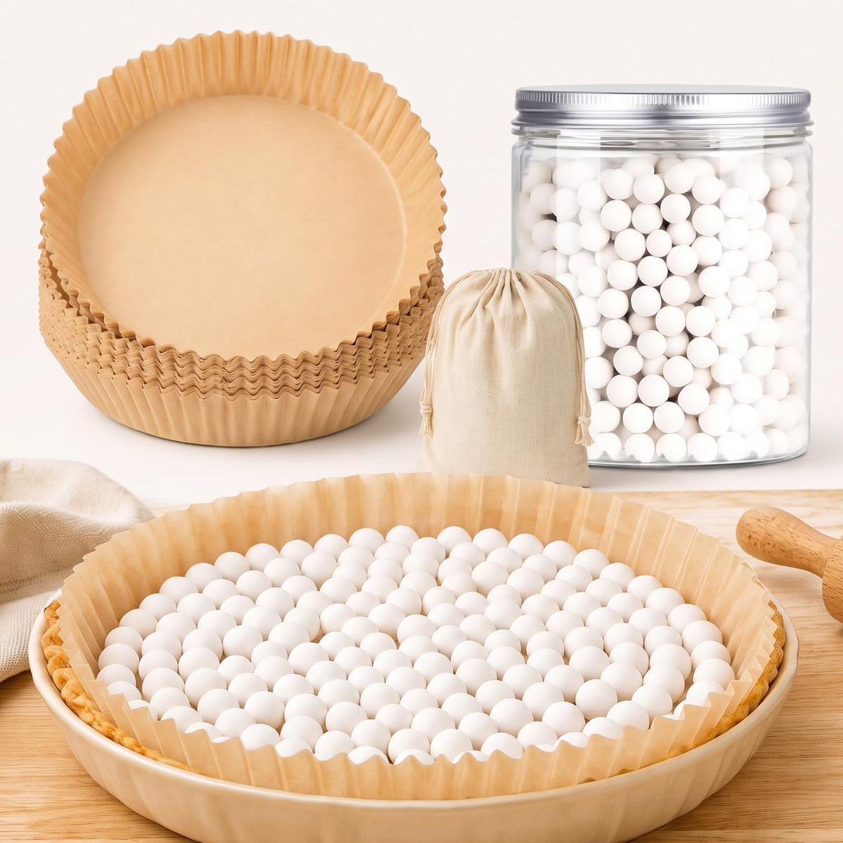 Patelai 1 Pcs 2 lb Pie Weights Ceramic, 50 Pcs Parchment Paper, White