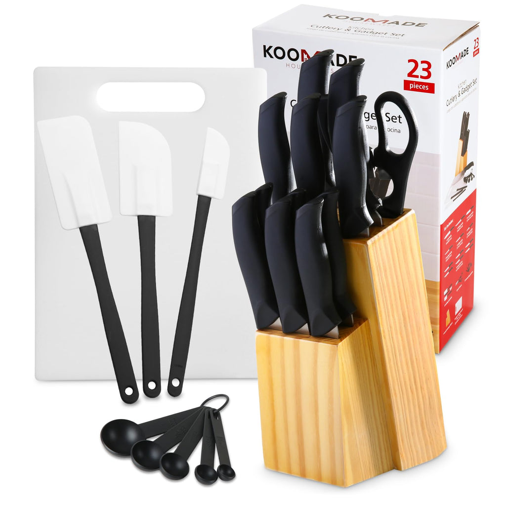 KOOMADE Knife Set With Block, Cutlery Essentials 23 PCS Kitchen Stainless Steel Knife Block Sets With Cutting Board, Shears, Paring, Utility, Santoku, Steak Knives, Dishwasher Safe Cutlery Block Set