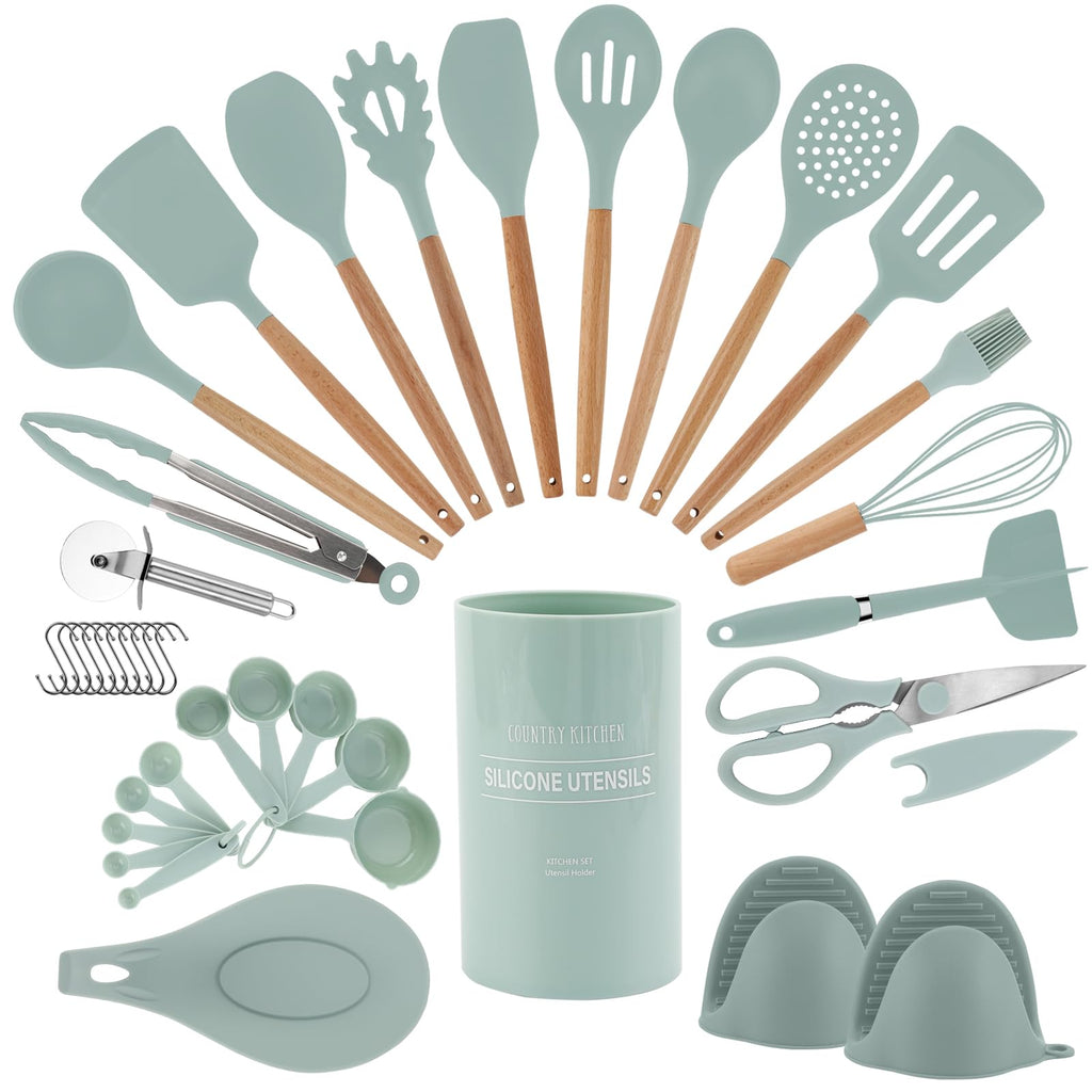 Country Kitchen Non Stick Silicone Utensil Set with Rounded Wood Handles for Cooking and Baking, 6 Piece Set, Black