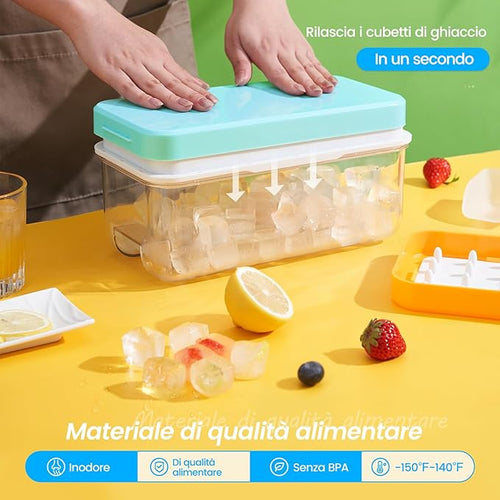 0.8“ Ice Cube Tray with Lid and Bin, PHINOX 28 Cubes Ice Trays for Freezer, Ice Cube Trays for Freezer with 1 tray, Container, Lid & Ice Scoop, BPA Free, Blue(28Cubes/Tier)