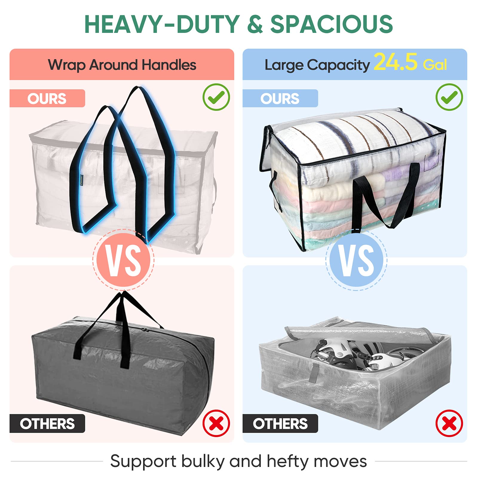 BALEINE 4-Pack Oversized Moving Bags with Reinforced Handles, Heavy-Duty Storage Tote for Clothes, Moving Supplies (Clear, 4-Pack)