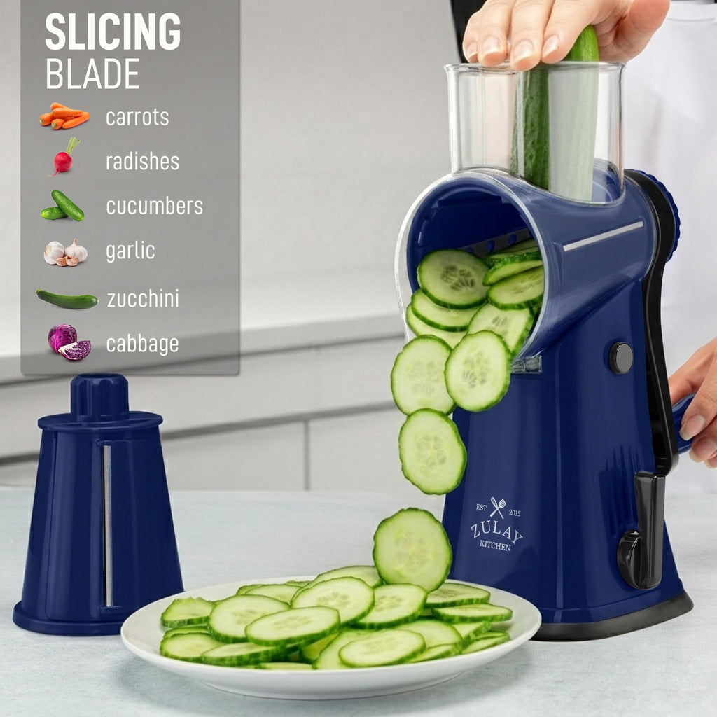 Zulay Kitchen Rotary Cheese Grater 5 Blade Cheese Shredder - Manual Hand Crank Cheese Grater With Reinforced Suction & 5 Interchangeable Drums - Easy to Use, Vegetable Chopper Round Mandoline Slicer