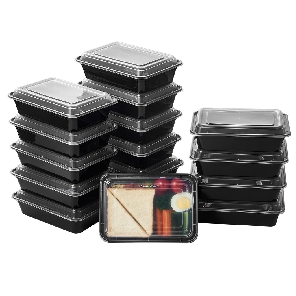 FULING 24 oz 50 ct Round Meal Prep Food Storage Containers with Lids To Go Plastic Lunch Plan Box Disposable Take Out Bowls Black BPA Free Reusable Durable Stackable Microwave Freezer Dishwasher Safe