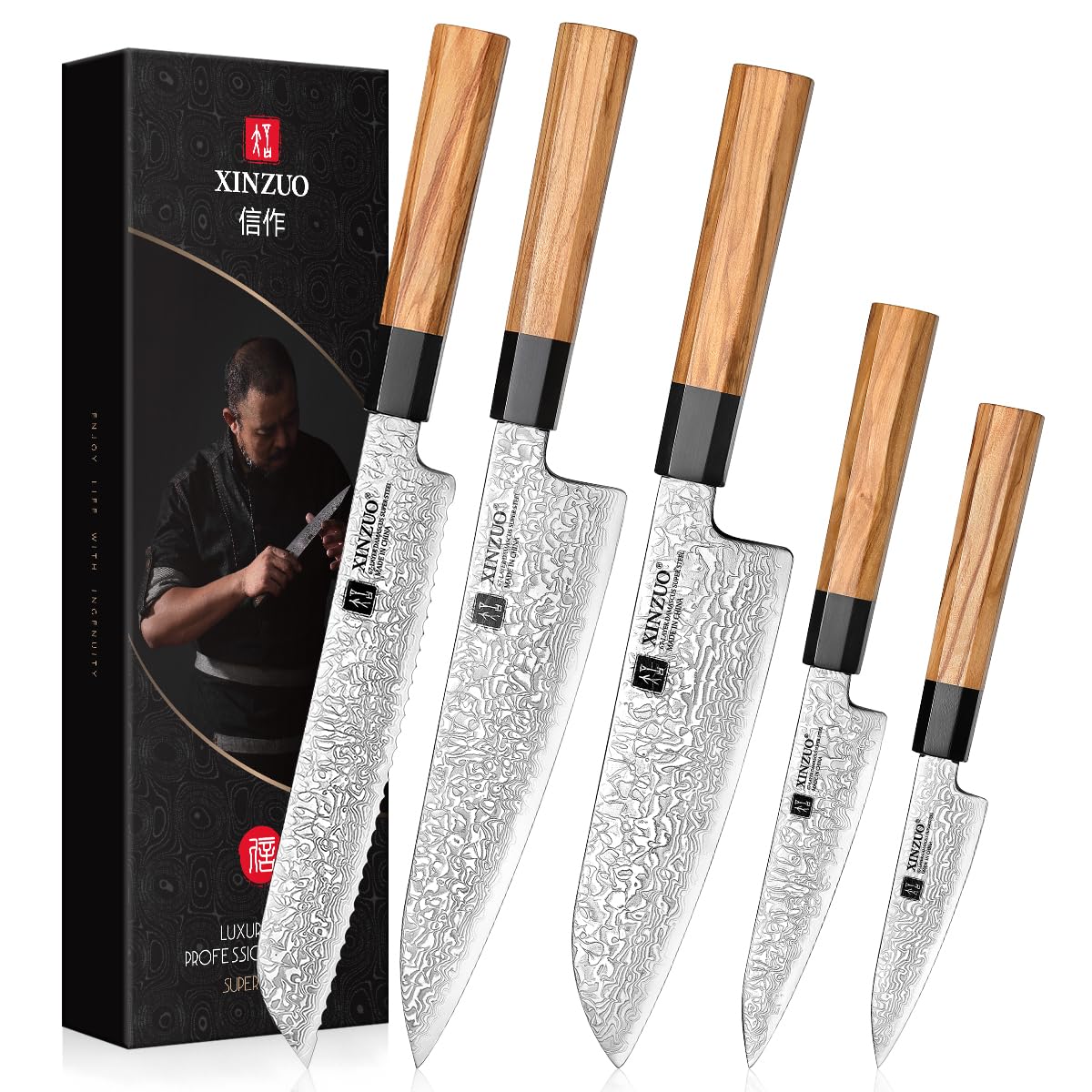 XINZUO 5 Pieces Kitchen Knife Set without Block, Hand Forged 67 Layers Damascus Steel Professional Chef Knife Set,Ultra Sharp,Olive Wood Octagonal Handle