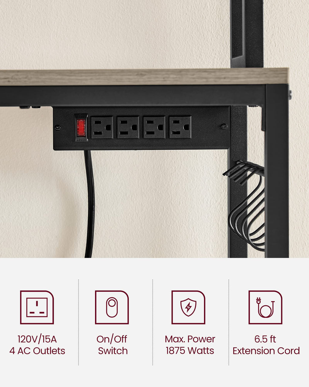 VASAGLE Bakers Rack with Power Outlet, Microwave Stand, Kitchen Tall Utility Storage Shelf, with Metal Wire Panel, 14 Hooks, 15.7 x 31.5 x 66.9 Inches, Heather Greige and Ink Black UKKS025B02