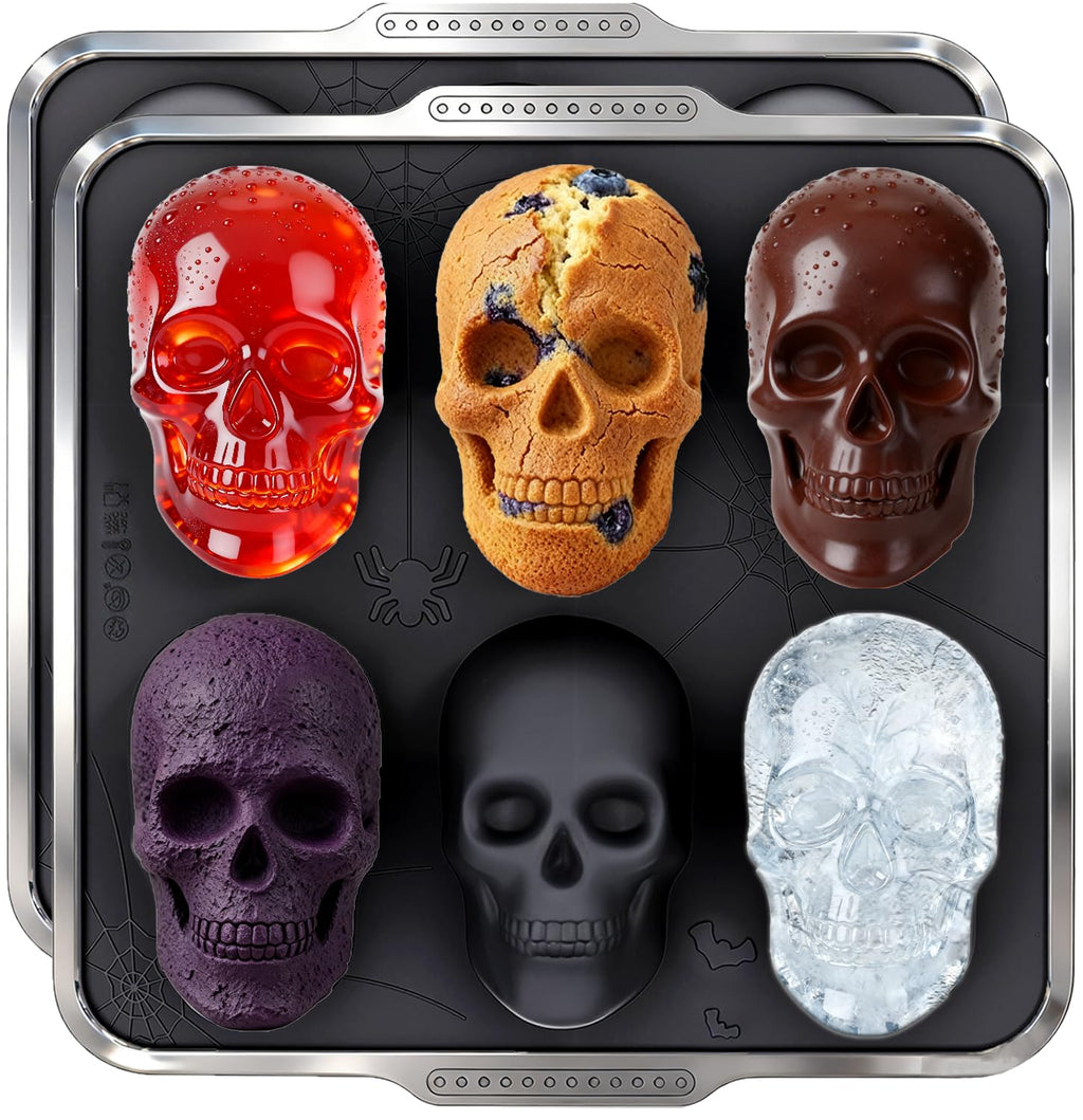 PinAmigos Silicone Skull Cake Pan with Metal Reinforced Frame - Spill-Proof & Sturdy 6-Cavity 3D Halloween Silicone Mold, Easy to Handle & Release for Cake, Chocolate, Jello