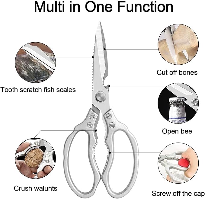 Heavy Duty Sharp Kitchen Scissors, Dishwasher Safe, Cooking Shears for Meat, Chicken, Fish, Poultry, Herb, Bread (Silver)
