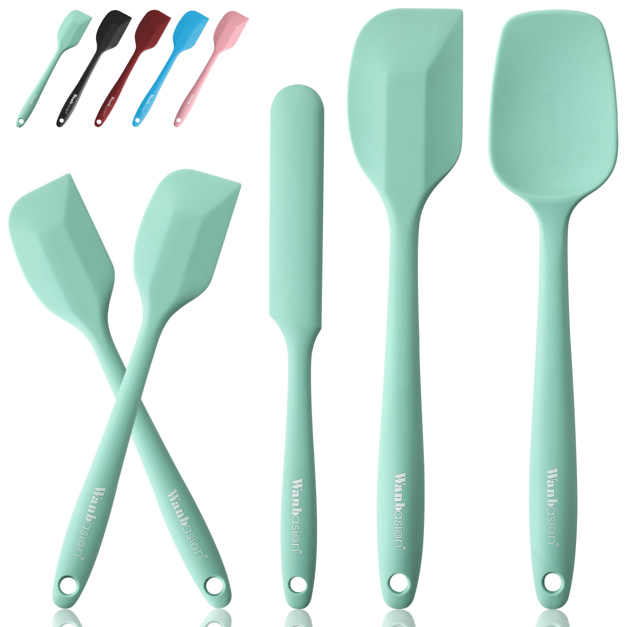Wanbasion 5 Piece Premium Silicone Spatula Set Heat Resistant, Colorful Rubber Baking Spatula Set, Kitchen Spatula Set Dishwasher Safe for Nonstick Cookware Cooking Mixing Light Green