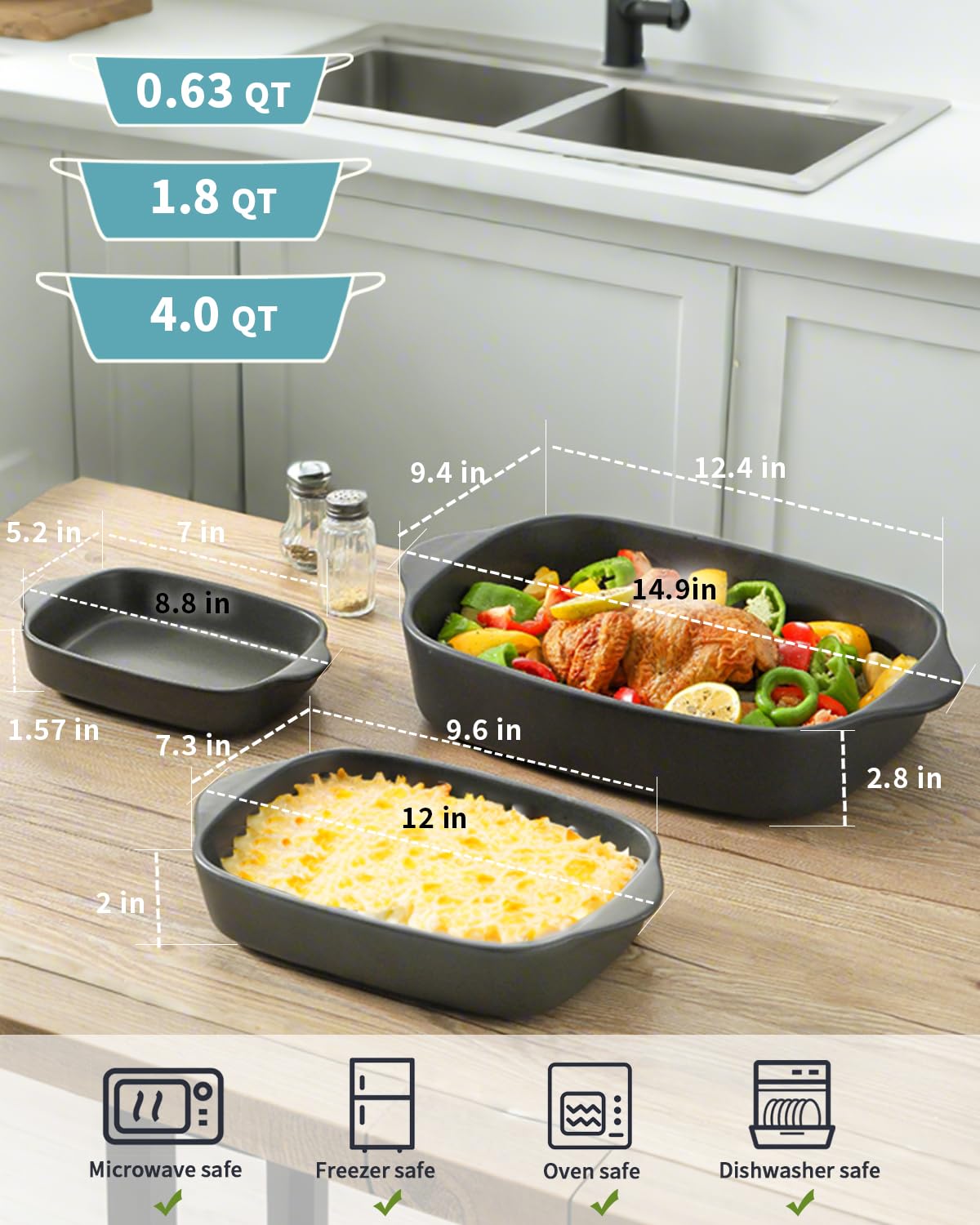 Tikooere Casserole Dish for Oven,Ceramic Baking Dishes， Stoneware Bakeware Set of 3，Deep Casserole Dishes for Baking，Casserole,Cake Dinner and Daily Use,0.63/1.8/4 QT，Matte Black