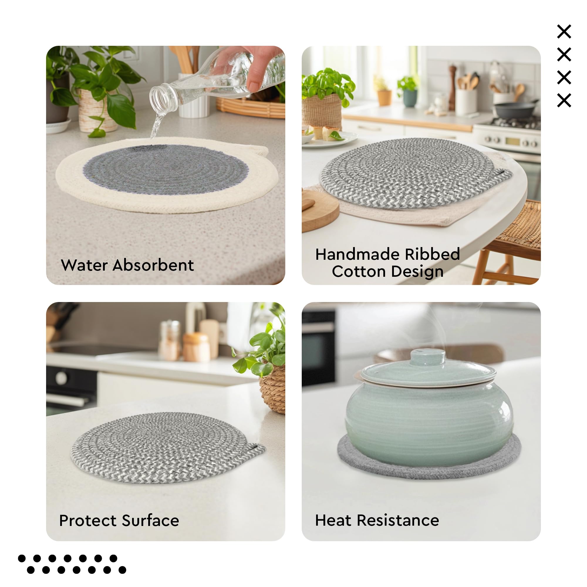 Encasa XO Round Trivet Mats for Hot Dishes with Hanging Loop | Grey Combo - Set of 6 with 7 inch Diameter | Cotton Round Thick Heat Resistant Pot Holders | Use Hot Pads Plate Mats for Hot Pots & Pans