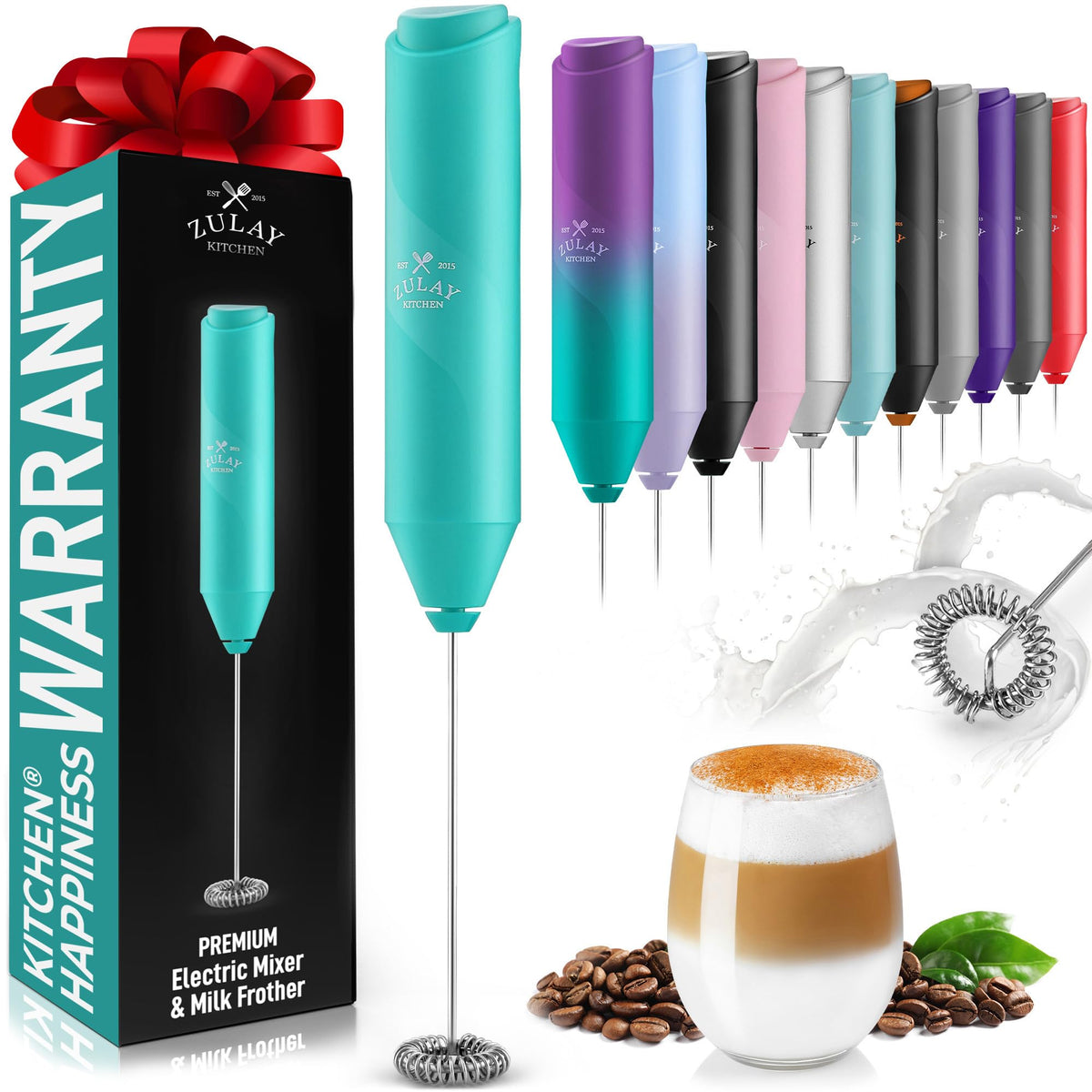 Zulay Kitchen Powerful Milk Frother Wand - Handheld Stainless Steel - Battery Operated Drink Mixer for Coffee, Lattes, Cappuccino, Matcha - Froth Mate Frother Gift - Cool Tide