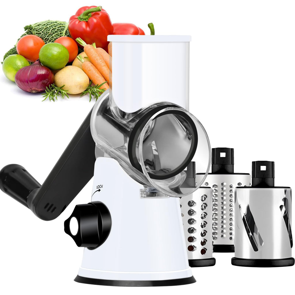 Ourokhome Rotary Cheese Grater Hand Crank, Kitchen Shredder Speed Mandolin Slicer Nut Grinder with Handle and Drum Blades for Cheese, Vegetable, Walnut, Chocolate, Potato, Carrot, 3 Blades, Red