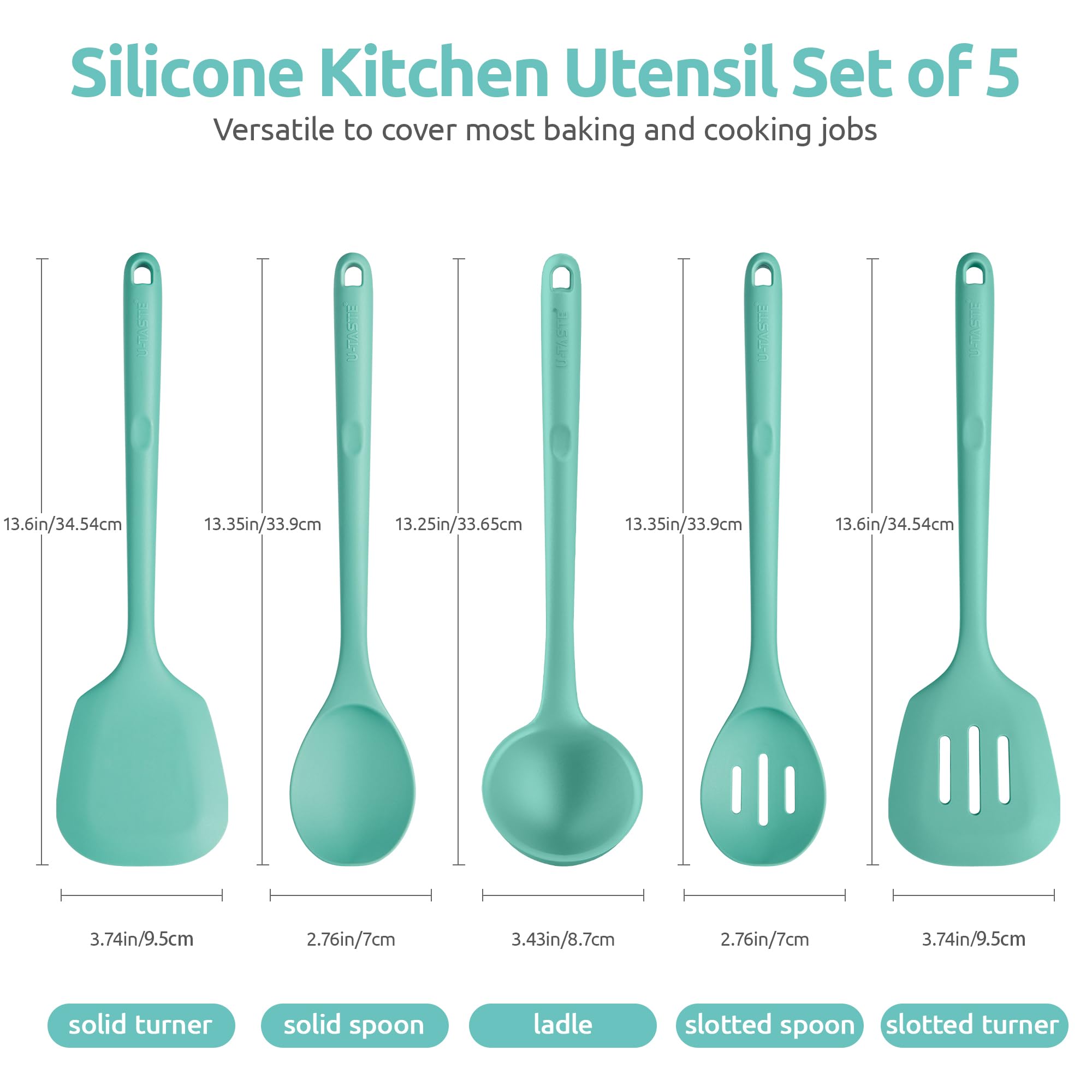 U-Taste Silicone Kitchen Cooking Utensil Set of 5, 13.6" Long, Aqua Sky