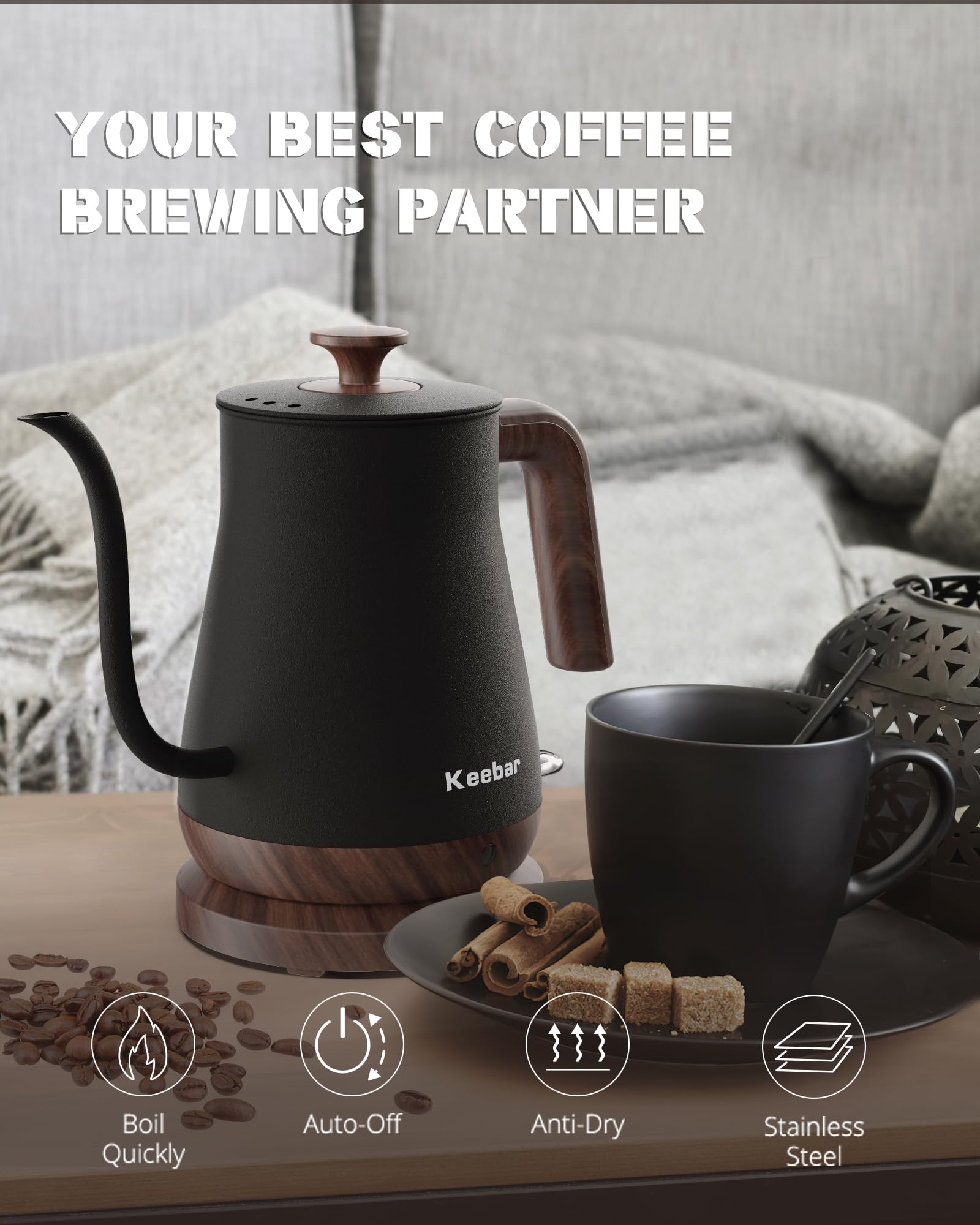 Keebar Gooseneck Electric Kettle - Stainless Steel Pour Over with Auto Shut Off, 0.8L Capacity, 1000W Quick Heating, Design with Elegant Handle, Matte Black with Walnut, Manual, (XH-W081-BW)