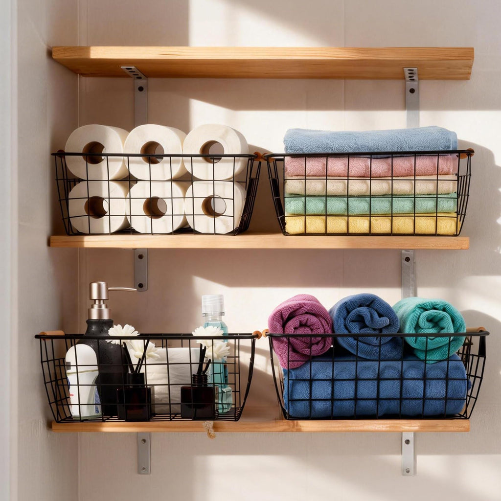 Black 2PCS Wire Storage Baskets with Wooden Handles for Pantry Organizer