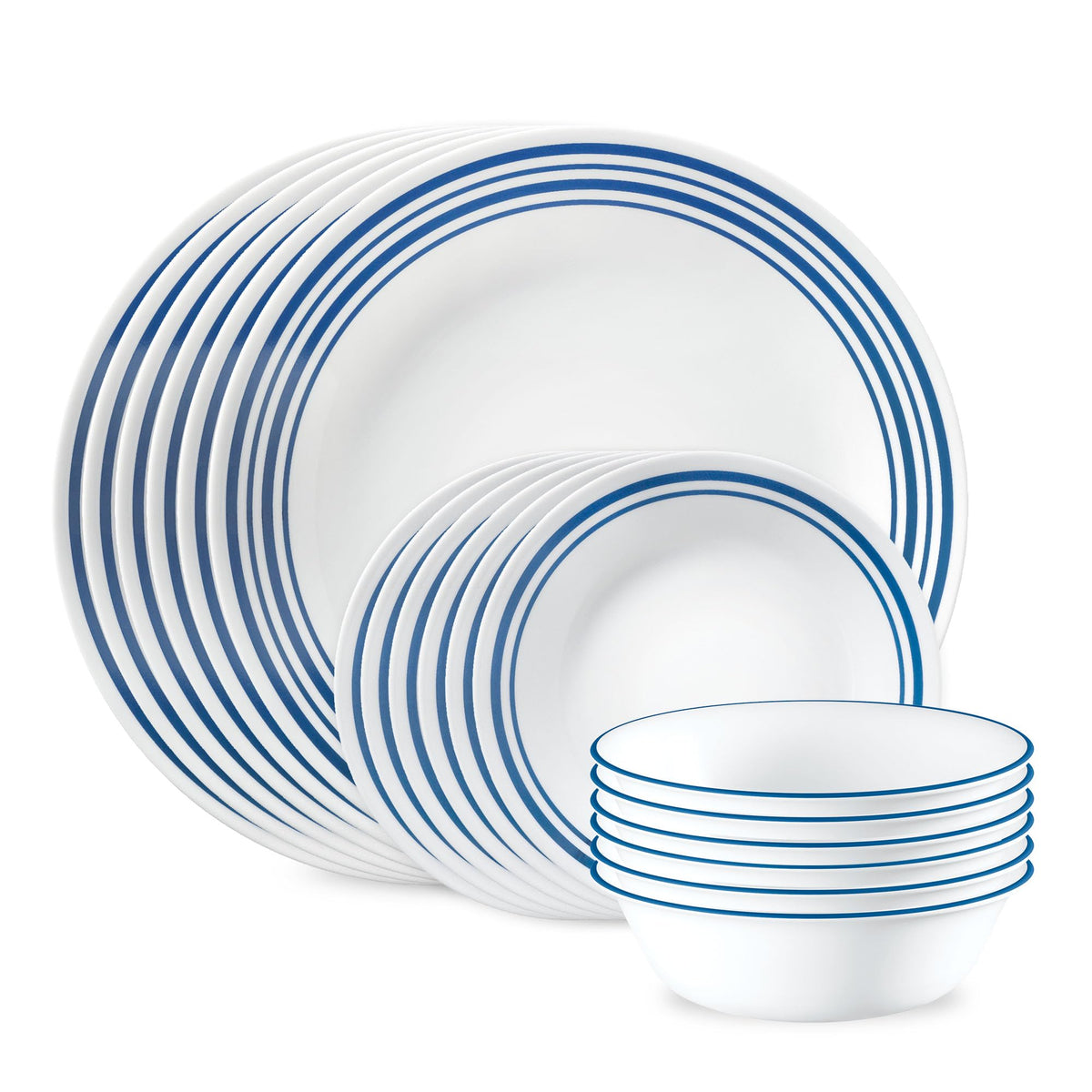 Corelle Vitrelle 18-Piece Service for 6 Dinnerware Set Triple Layer Glass and Chip Resistant, Lightweight Round Plates and Bowls Set, City Block