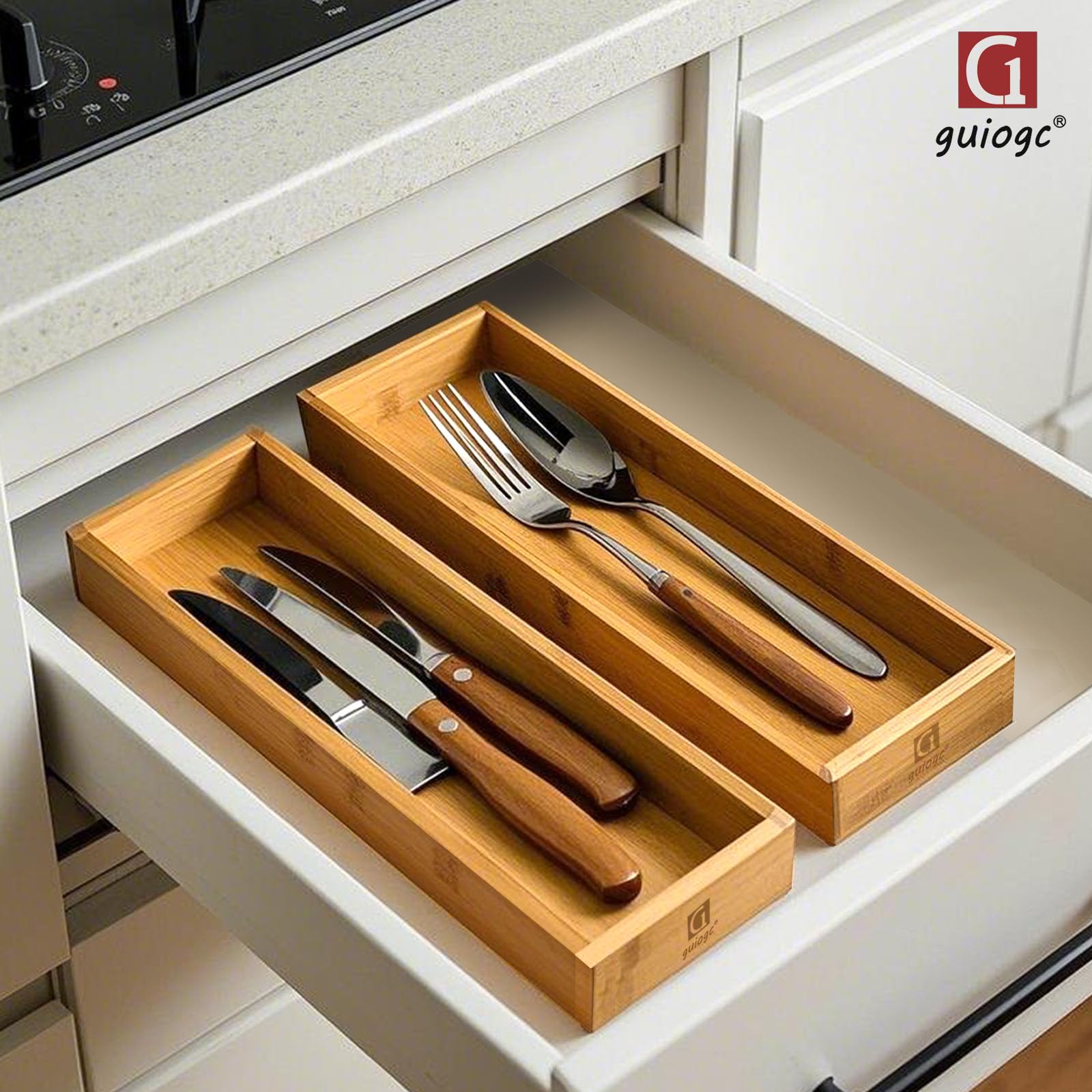 guiogc Bamboo Drawer Silverware Organizer 11.5" x 3.15" x 1.8" Set of 2