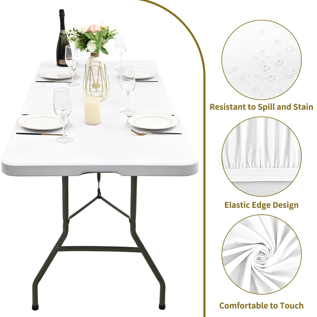 6 Pack Stretch Fabric Table Top Cap Cover, fits 6' Tables, Spandex Table Covers Washable Elastic Universal Rectangle Tablecloth Protector for Indoor Outdoor Party Picnic Wedding, White, 30" W x 72" L