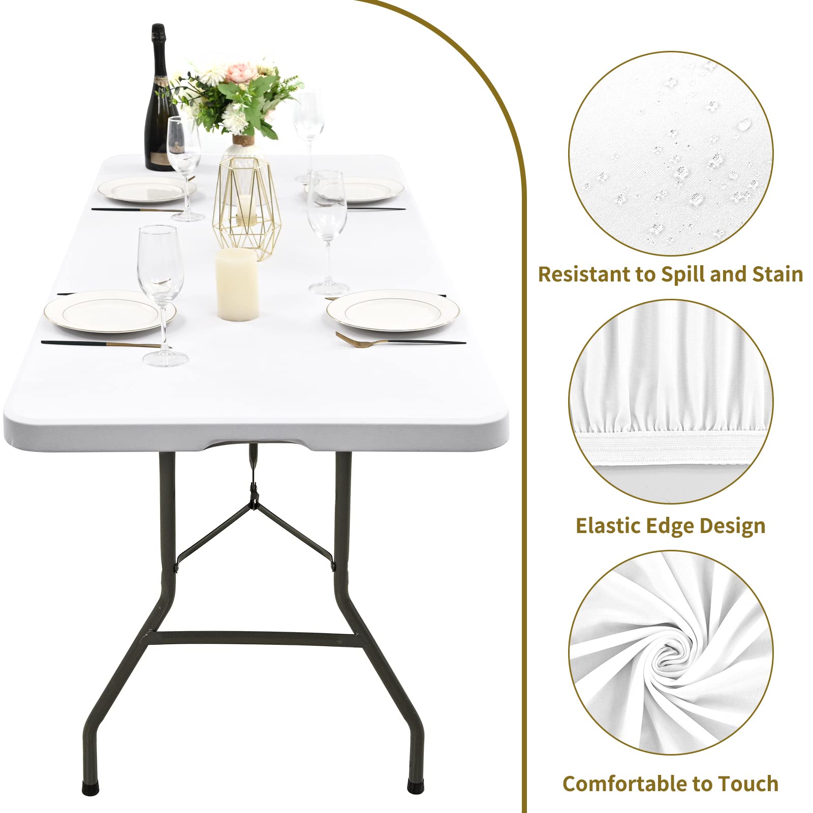 6 Pack Stretch Fabric Table Top Cap Cover, fits 8' Tables, Spandex Table Covers Washable Elastic Universal Rectangle Tablecloth Protector for Indoor Outdoor Party Picnic Wedding, White, 30" W x 96" L