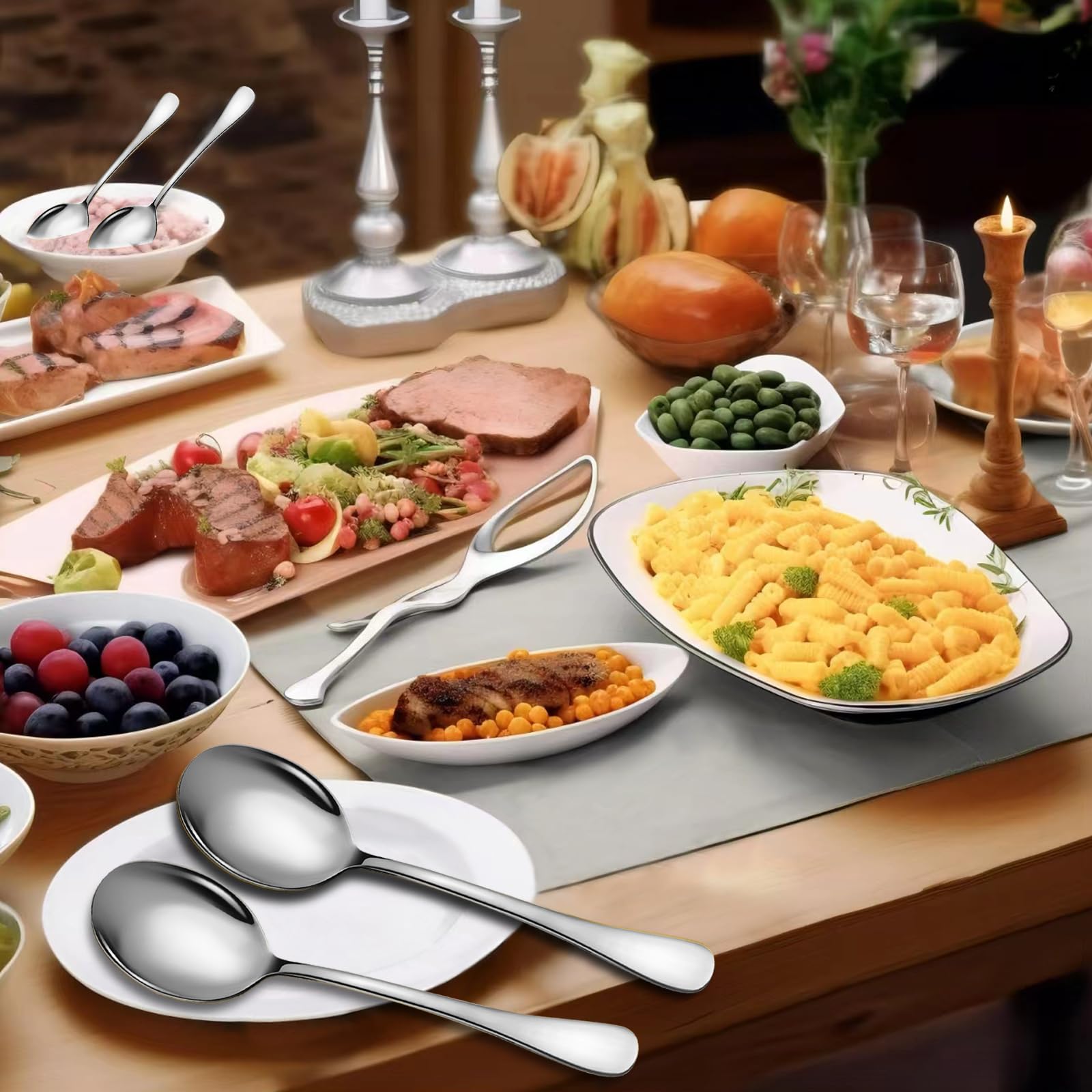 Keyoxy Stainless Steel Serving Spoons Set, 8pc, 10-Inch, Includes 4 Large, 4 Slotted, for Parties/Kitchen/Buffet/Catering, Dishwasher Safe