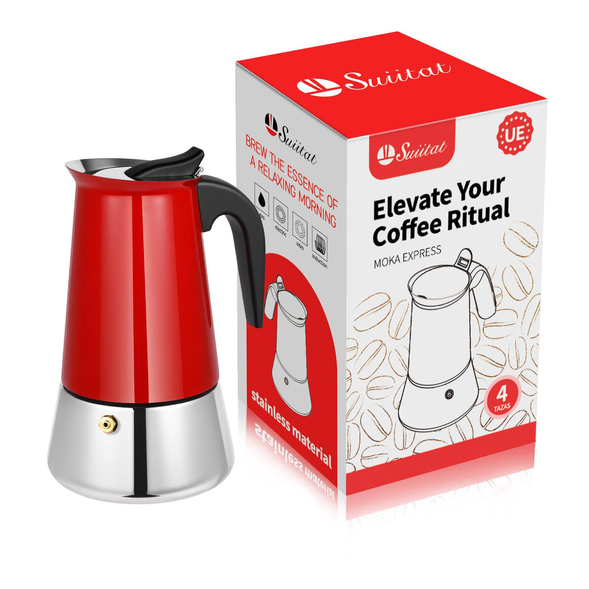 Suiitat 4 Cup Stainless Steel Moka Pot, 200ml Stovetop Espresso Maker, Red