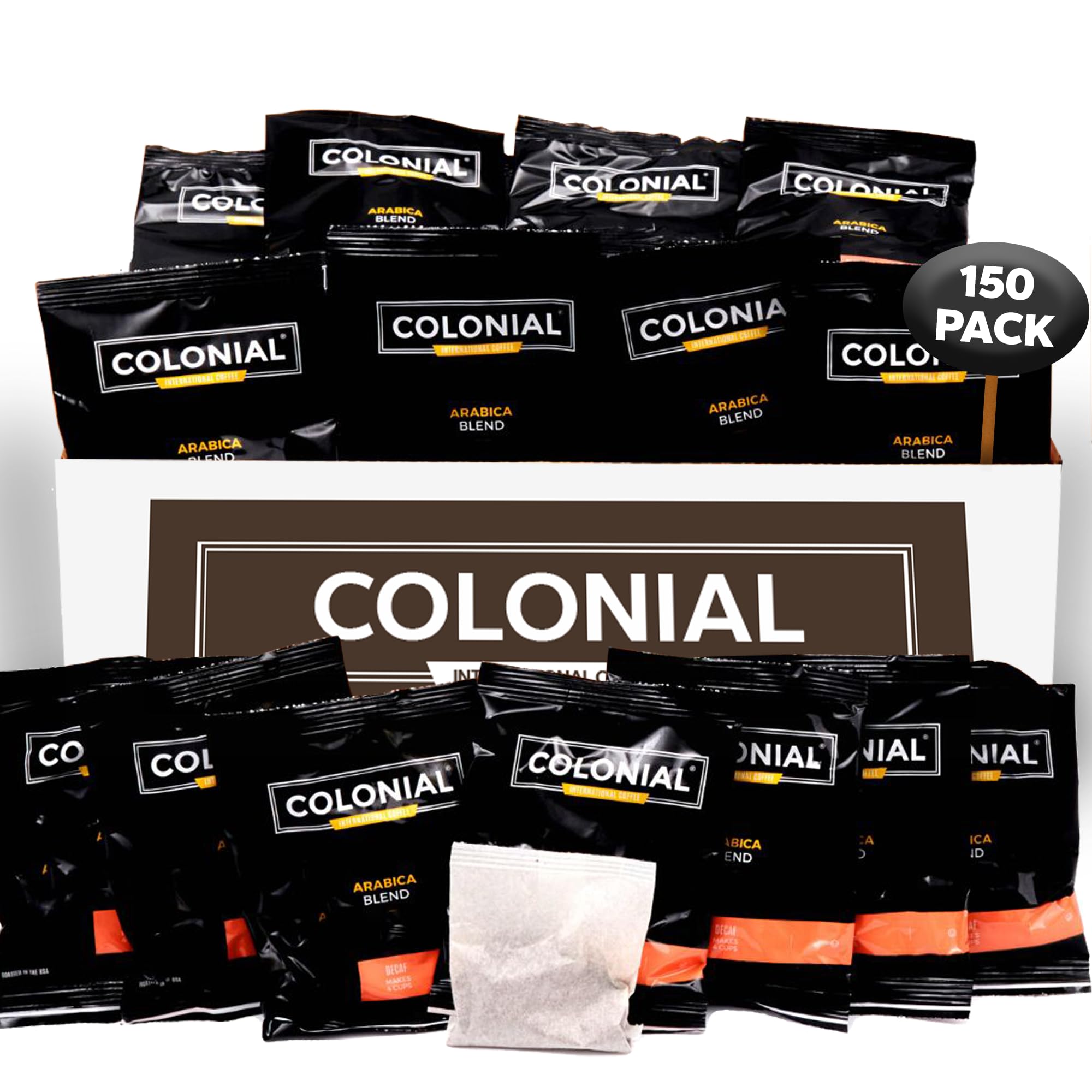 Colonial In-Room Decaf Ground Coffee Filter Packs for Hotel Rooms, Decaffeinated Dark Roast, 0.50 Ounce (Pack of 150), Use with 4-Cup Drip Coffee Machine