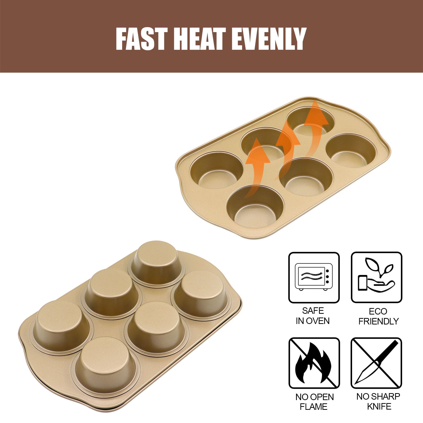 JOHO BAKING Jumbo Muffin Pan 2 Pack, Nonstick Large Cupcake Pan 6 Cup, Heavy Duty 0.5mm Thick Steel Big Muffin Tins for Baking, 3.5inch Dia, Gold