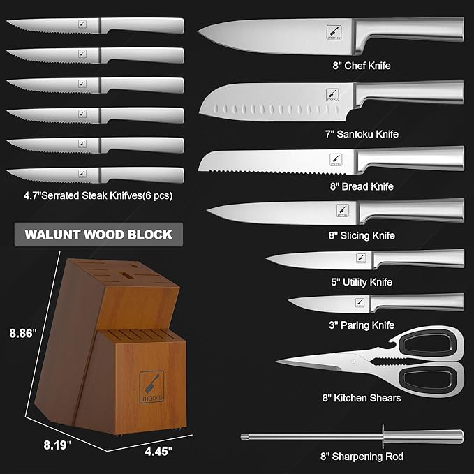 Knife Set - imarku Kitchen Knife Set 15 Piece Japanese Stainless Steel Knife Block Set with Sharpener - Dishwasher Safe Kitchen Knives - Ultra Sharp Chef Knife Set for Kitchen, Silver