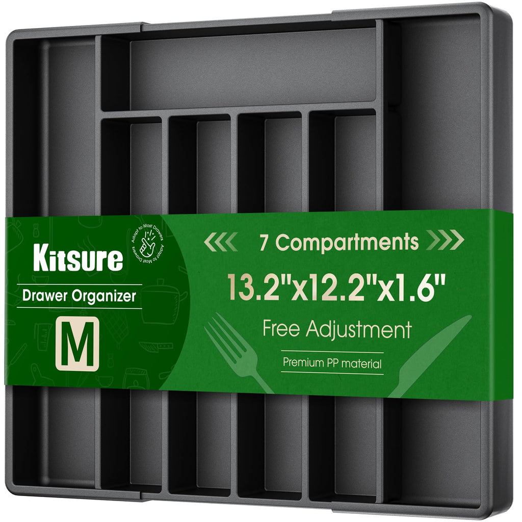 Kitsure Silverware Organizer for Drawers - Expandable Cutlery and Utensil Drawer Organizer with Easy Maintenance, Premium PP Kitchen Organizers and Storage for Flatware, White, 13.2" x 12.2" x 1.6"