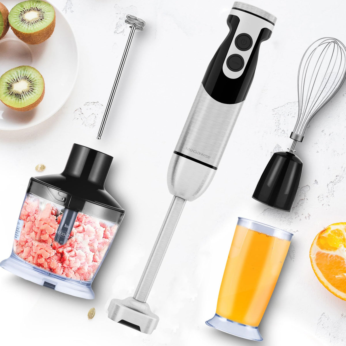 MEGAWISE 1000W Hand Blender,Multi-Attachment Immersion Blender with Chopper