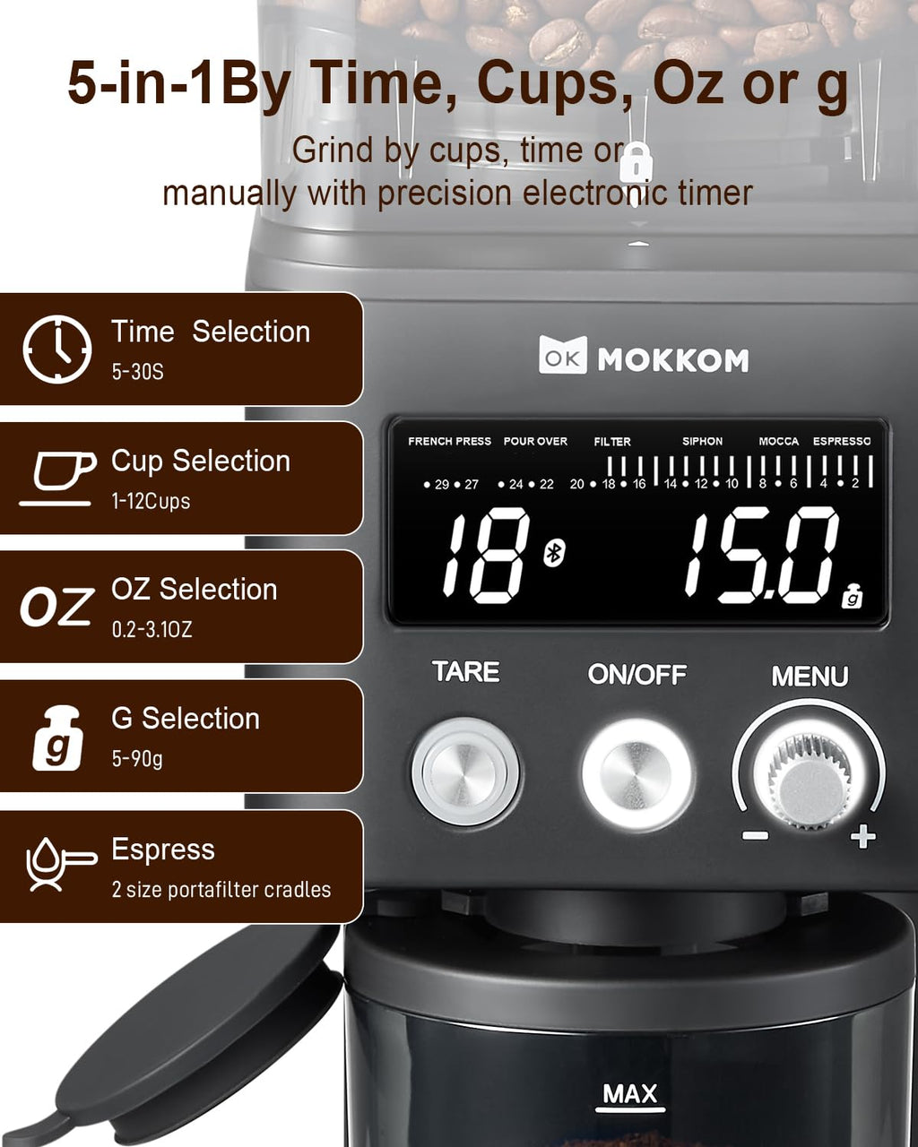 MOKKOM Electric Conical Burr Coffee Grinder with Removable Coffee Scale, Anti-static Coffee Bean Grinder, 31 Grind Settings and Precision Timer for Espresso Pour Over, French Press Black