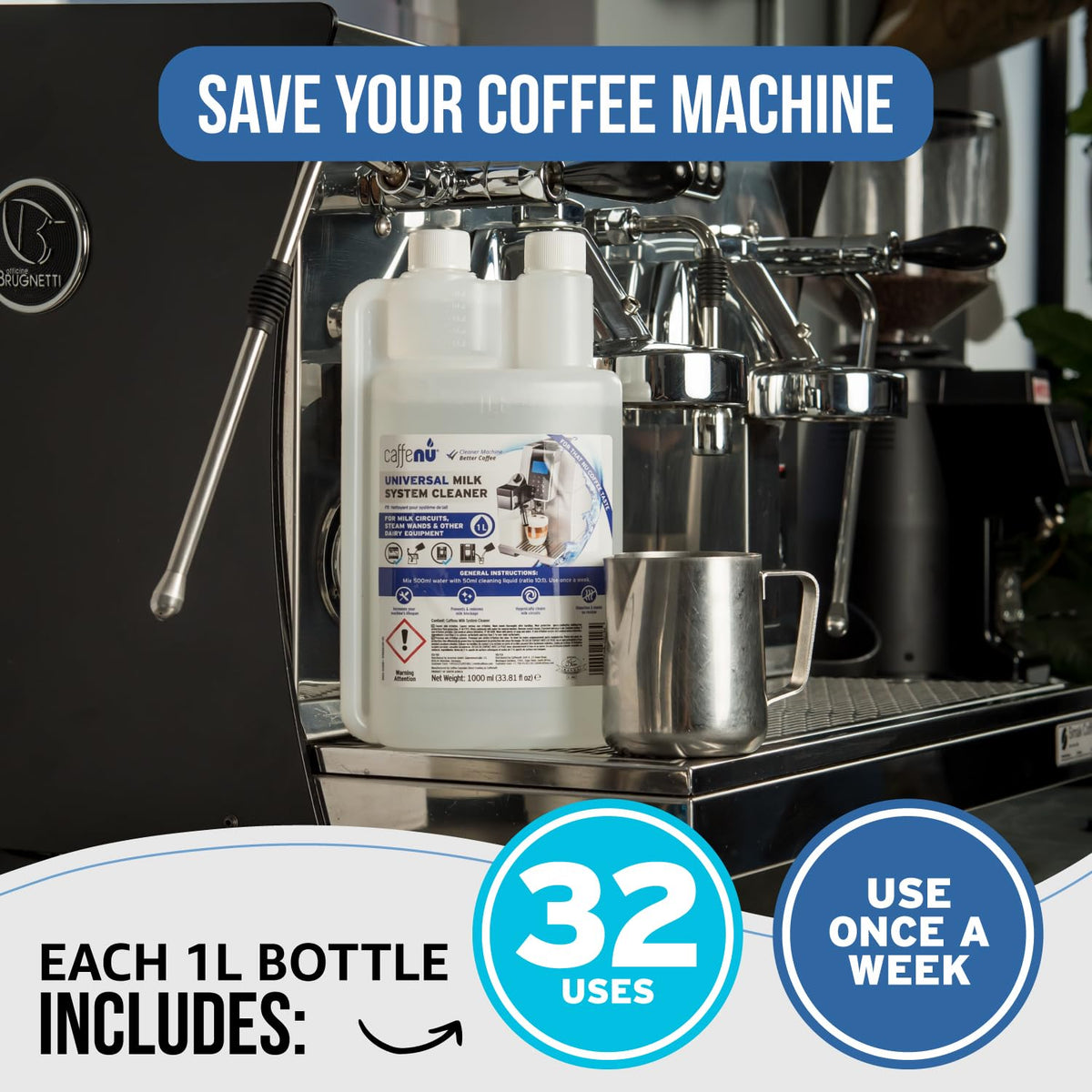 Caffenu Universal Milk System Cleaner, Use on All Machines, 33.8fl oz/1 L